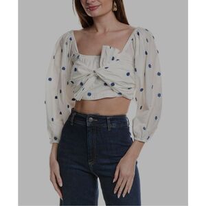 Floral Embroidered Crop Top‎ Tie Front Long Sleeve Blouse